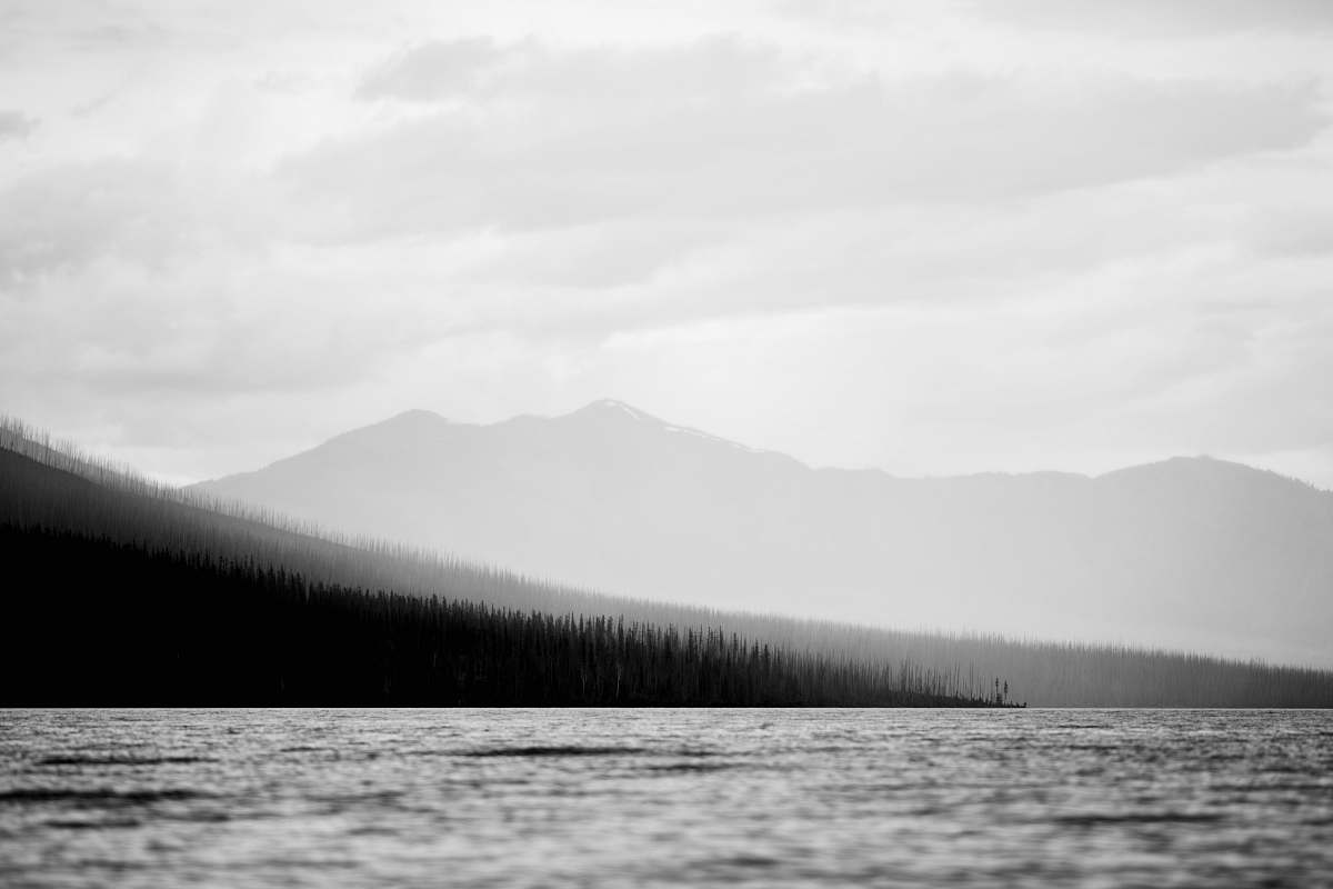 nature body of water beside island black-and-white